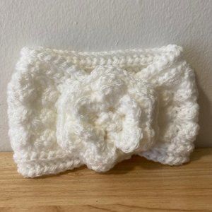 Infant Girls Winter Crochet Cinched Bow Headband Ear Warmer - White